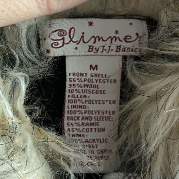 GLIMMER Black Plaid Button Front Hooded Faux Fur Wool Blend Tie Jacket Size M - Picture 4 of 7